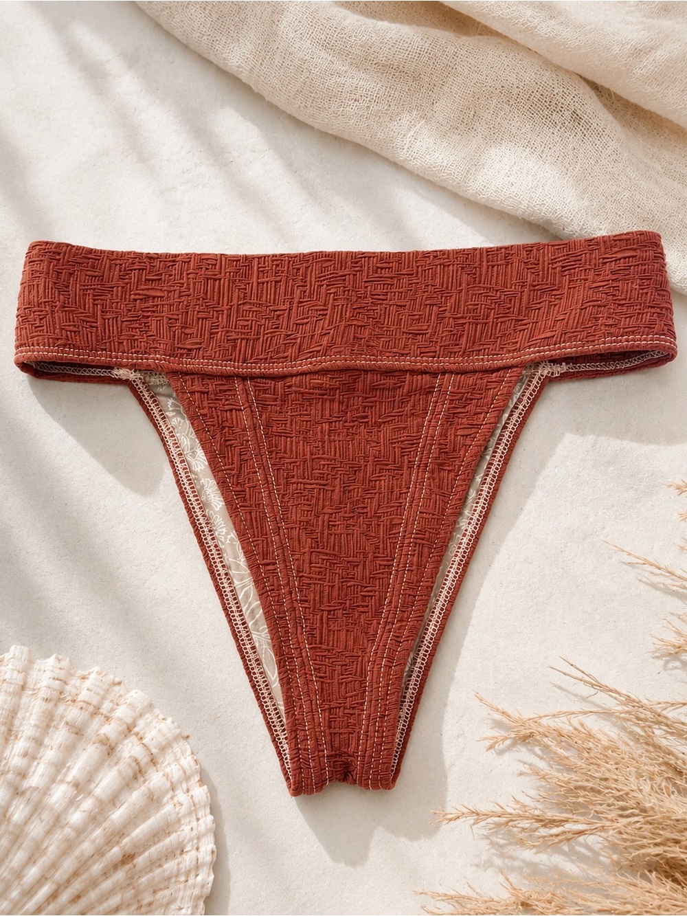 NWOT Free People Dylan High Waist Textured Bikini Bottom Terracotta Brown S